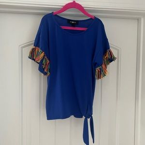 Adorable Royal Blue Top with multicolor detail on sleeves and tie knot waist.